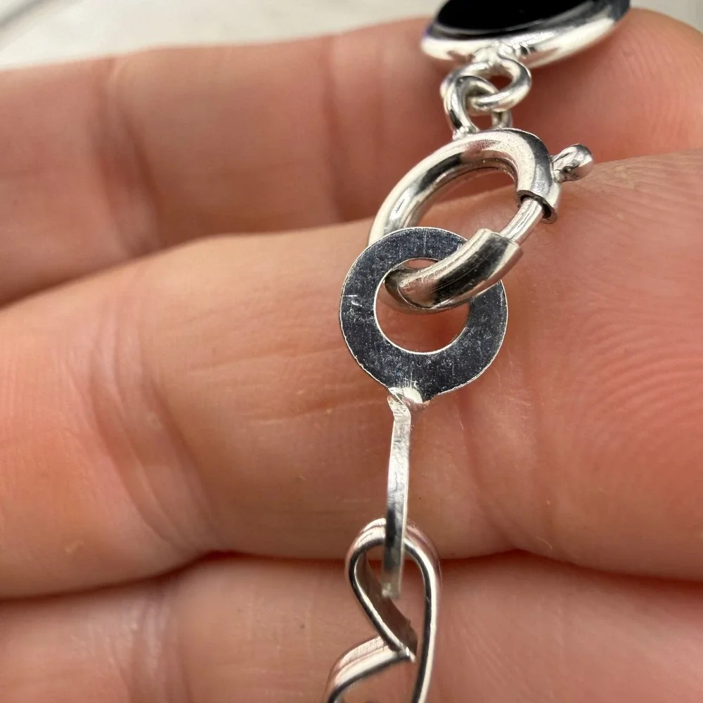 Vintage Sterling Silver Link Bracelet Signed LF Black Polished Stone  7